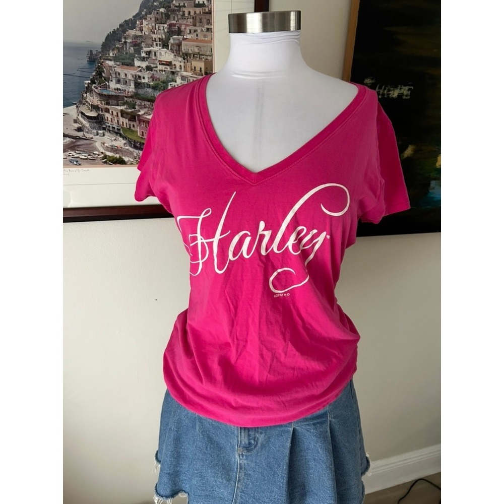 Harley-Davidson V-Neck T-Shirt Large Pink Script Logo Graphic Tee - Picture 2 of 5